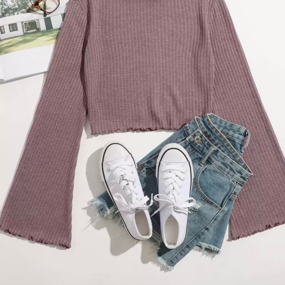 SHEIN Mauve Ribbed Bell Sleeve Top